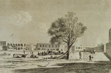 Île de Gorée, Sénégal, dans les années 1860, gravée par Charles Maurand